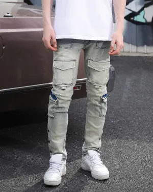 Distressed Straight-Leg Cargo Blue Jeans