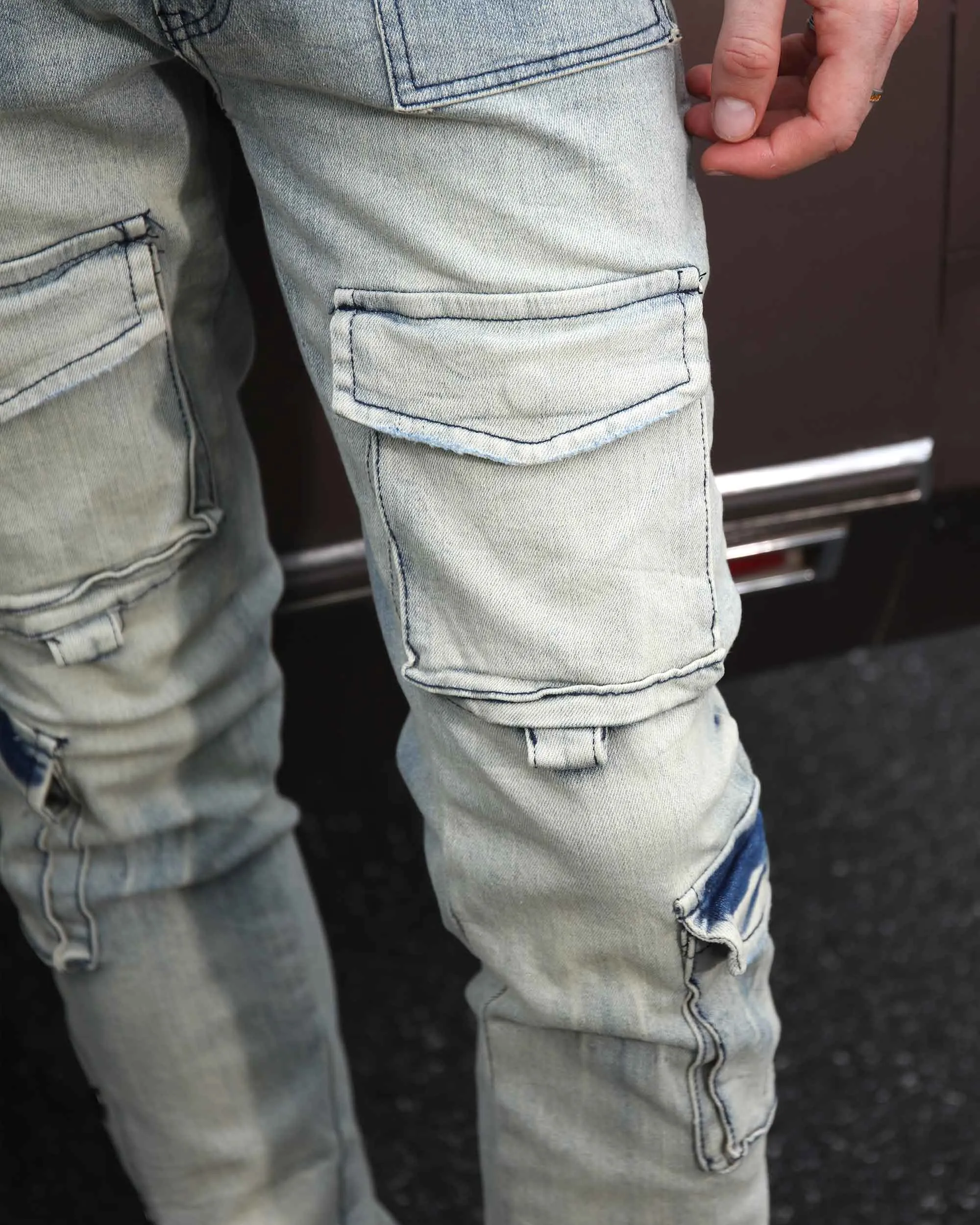Distressed Straight-Leg Cargo Blue Jeans