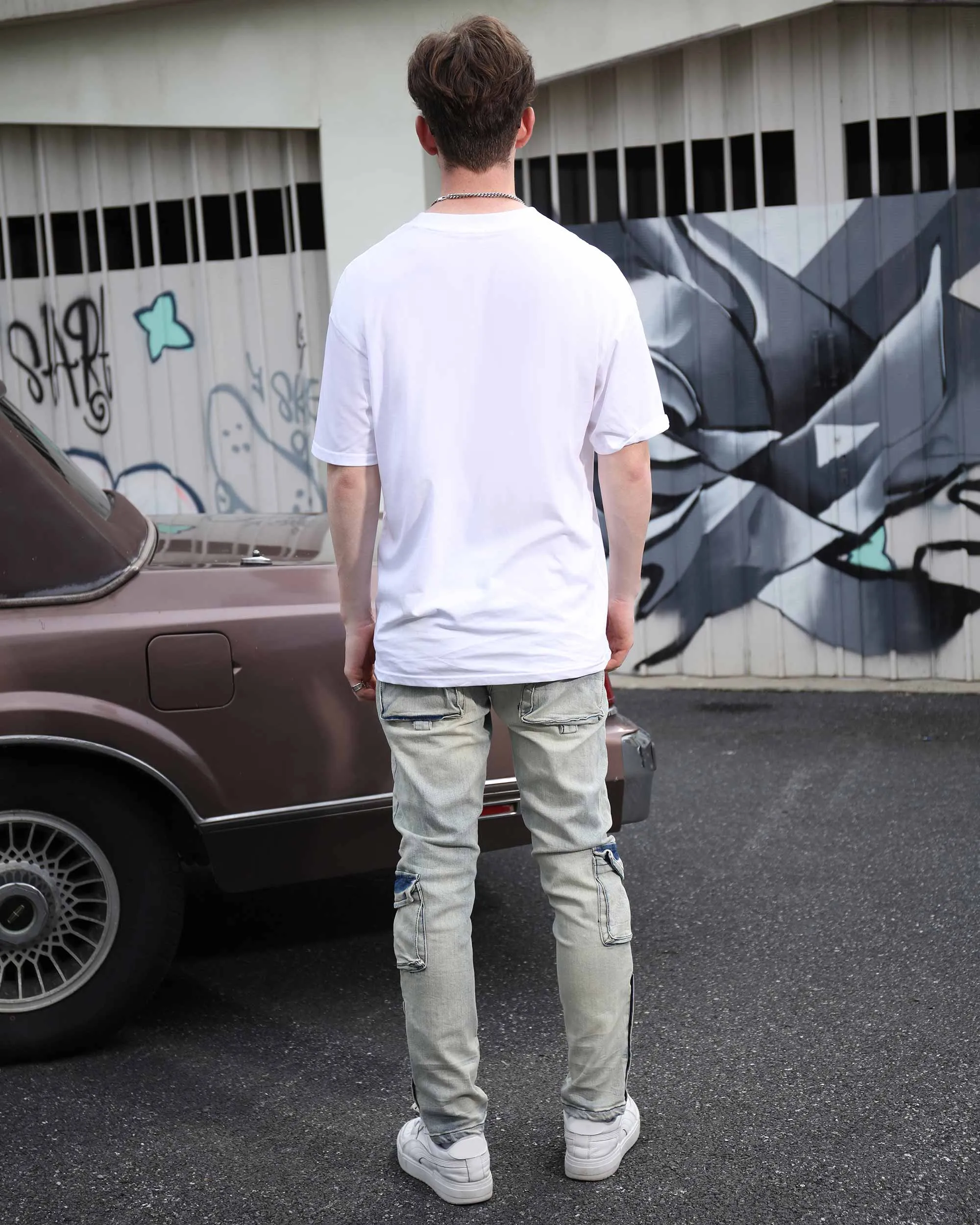 Distressed Straight-Leg Cargo Blue Jeans