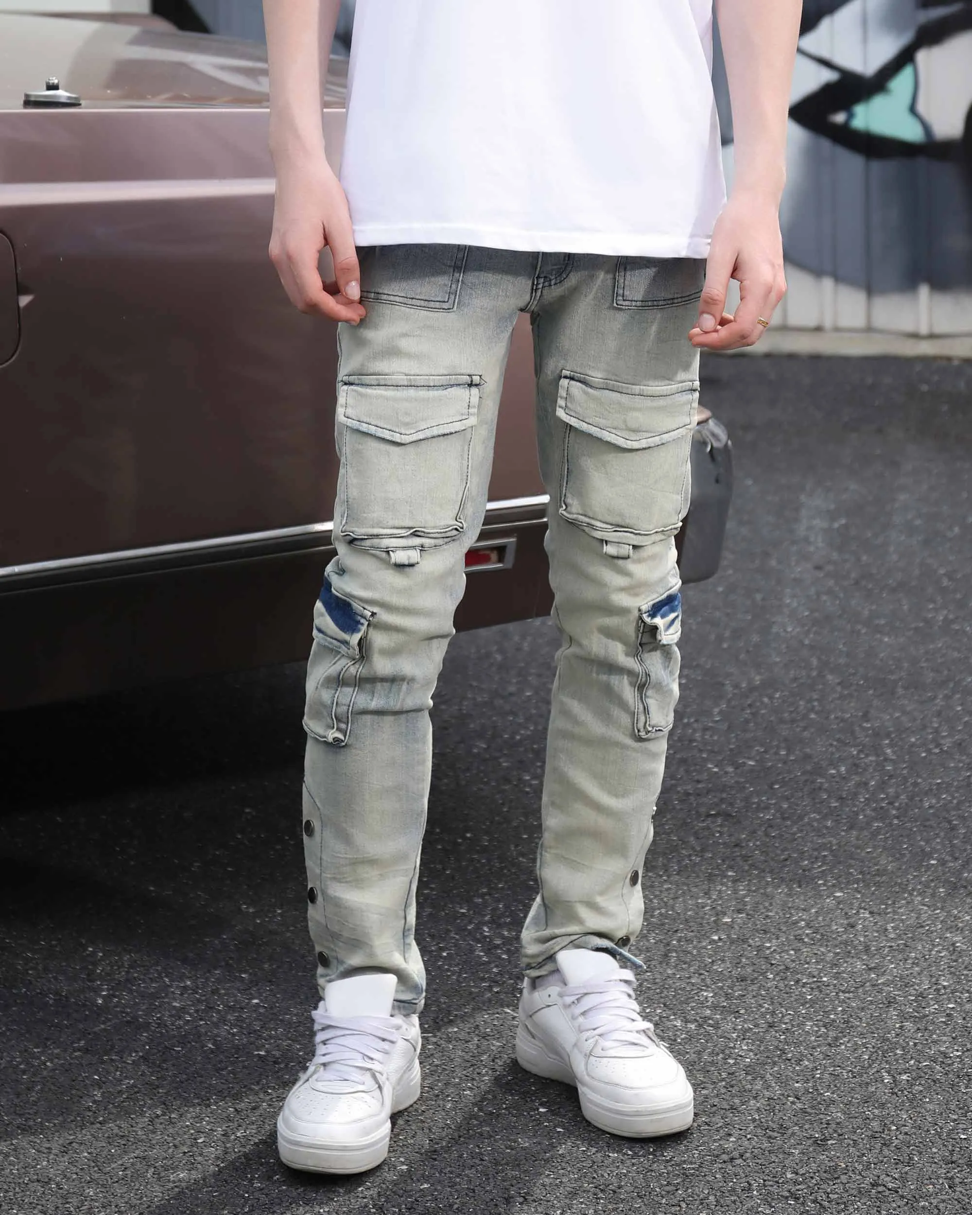 Distressed Straight-Leg Cargo Blue Jeans