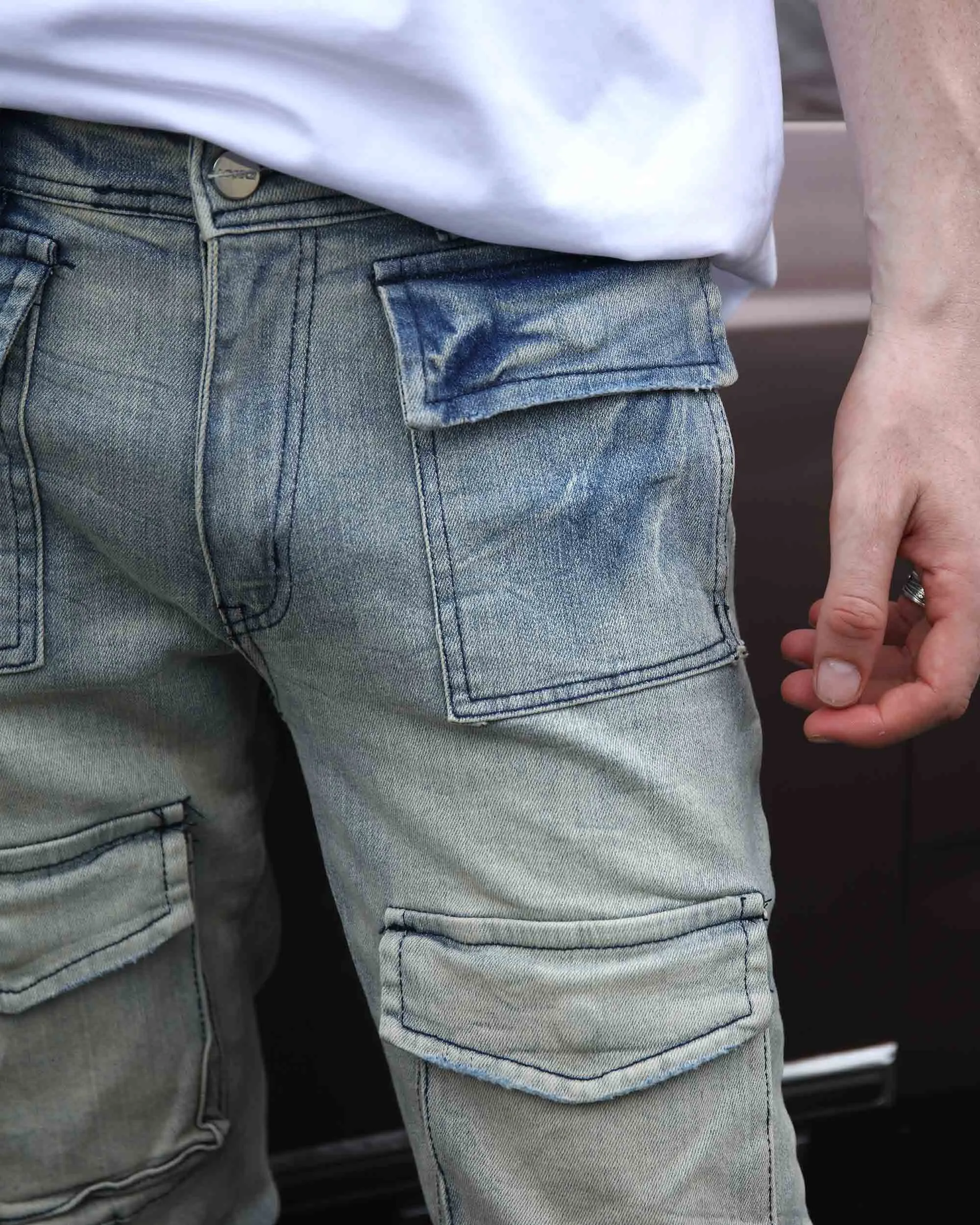 Distressed Straight-Leg Cargo Blue Jeans