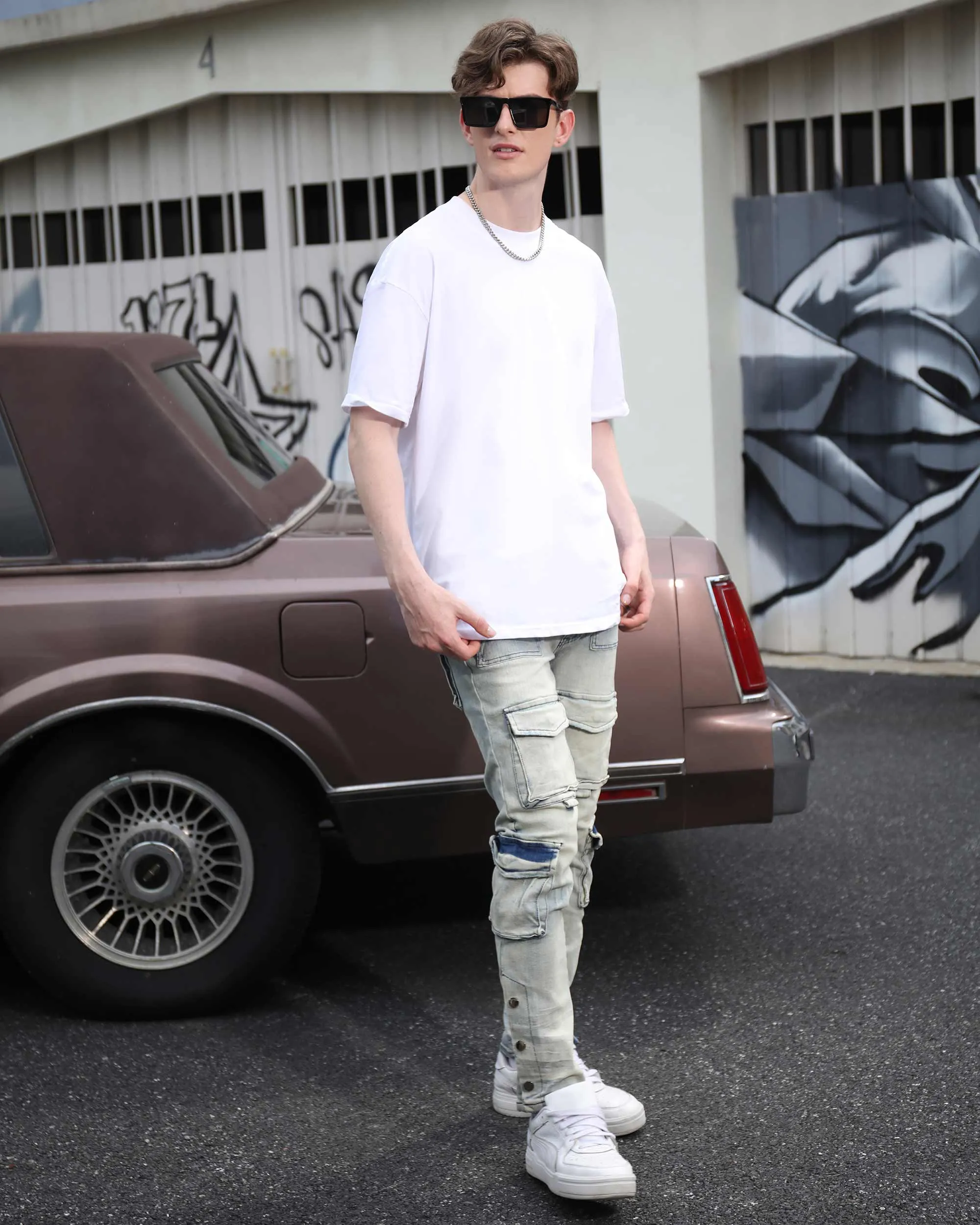 Distressed Straight-Leg Cargo Blue Jeans