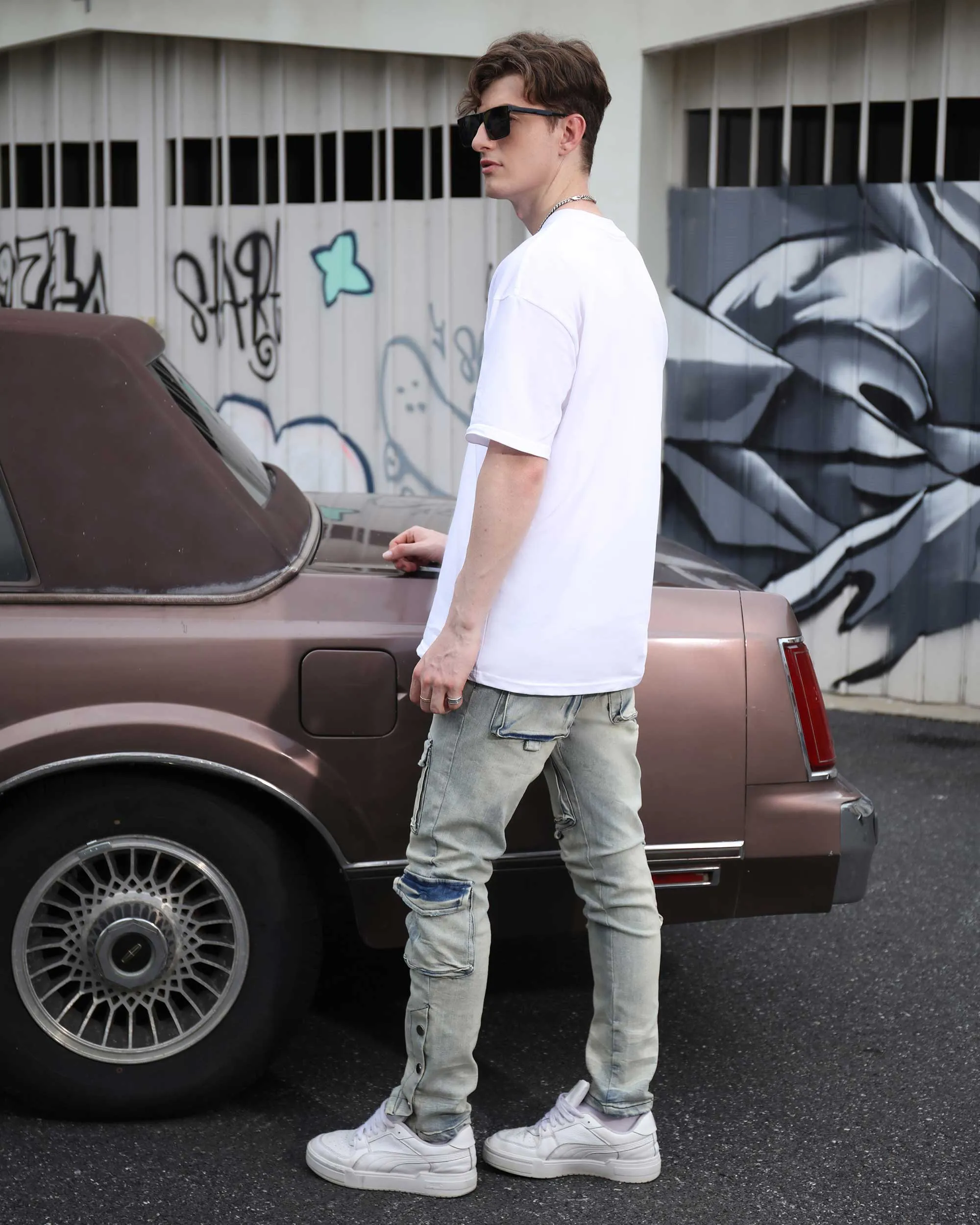 Distressed Straight-Leg Cargo Blue Jeans