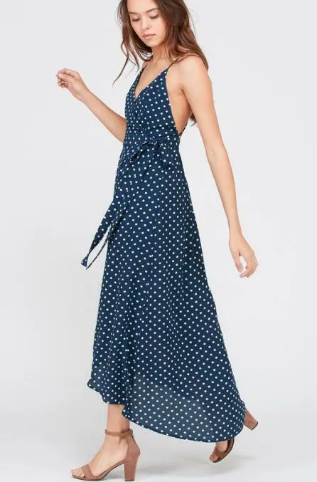Dorothea Navy Blue Polka Dot Backless Maxi Dress