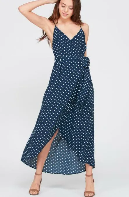 Dorothea Navy Blue Polka Dot Backless Maxi Dress