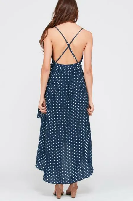 Dorothea Navy Blue Polka Dot Backless Maxi Dress
