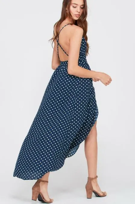 Dorothea Navy Blue Polka Dot Backless Maxi Dress