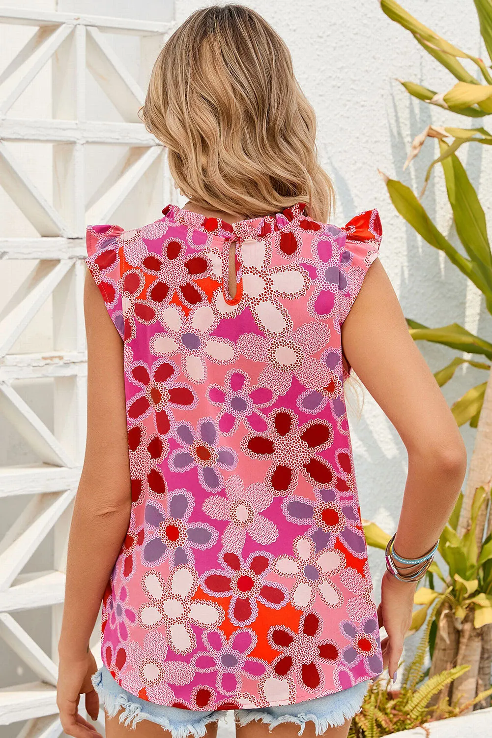 Embroidered Detail Floral Print Ruffle Trim Tank Top