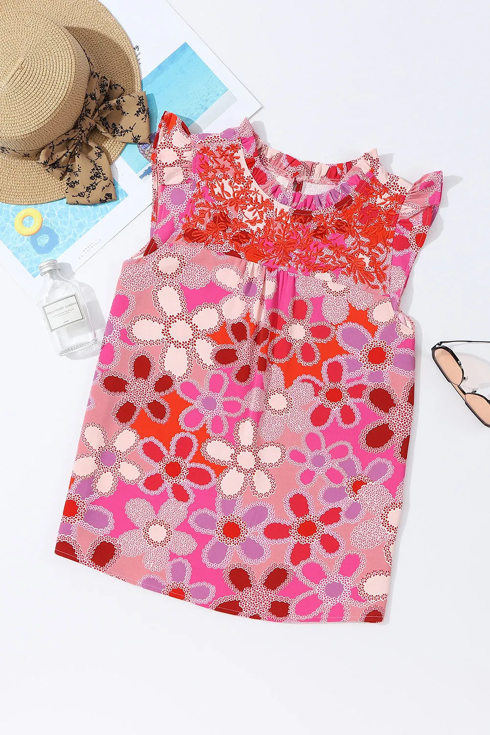 Embroidered Detail Floral Print Ruffle Trim Tank Top