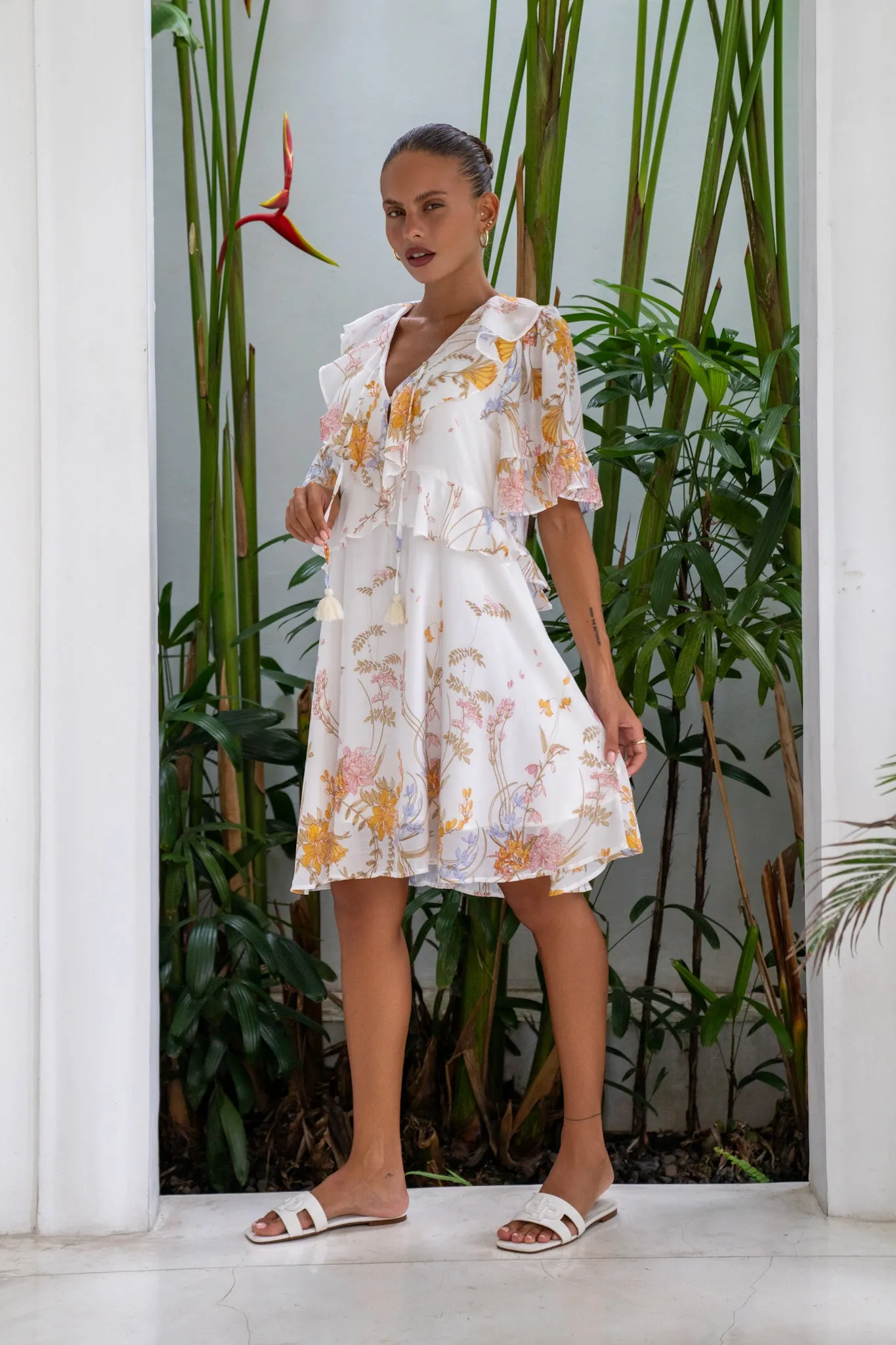 Emmeline Yellow Floral Ruffle Mini Dress