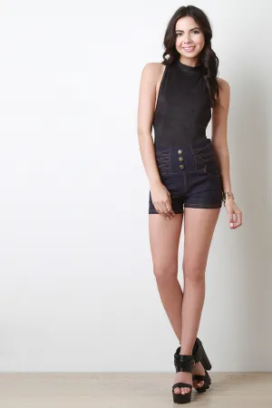 Faux Denim Button High Waist Shorts