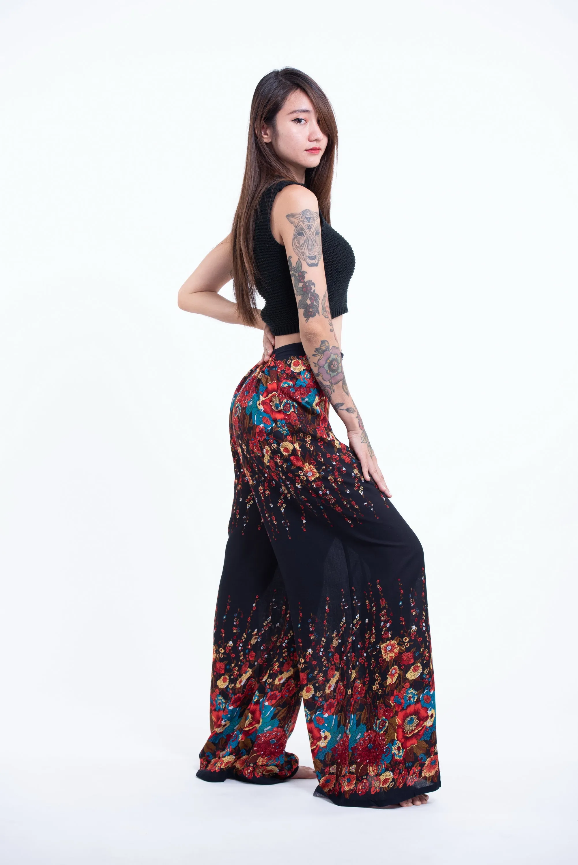 Floral Straight Cut Wide Leg Palazzo with Elastic Back Waistband in Black