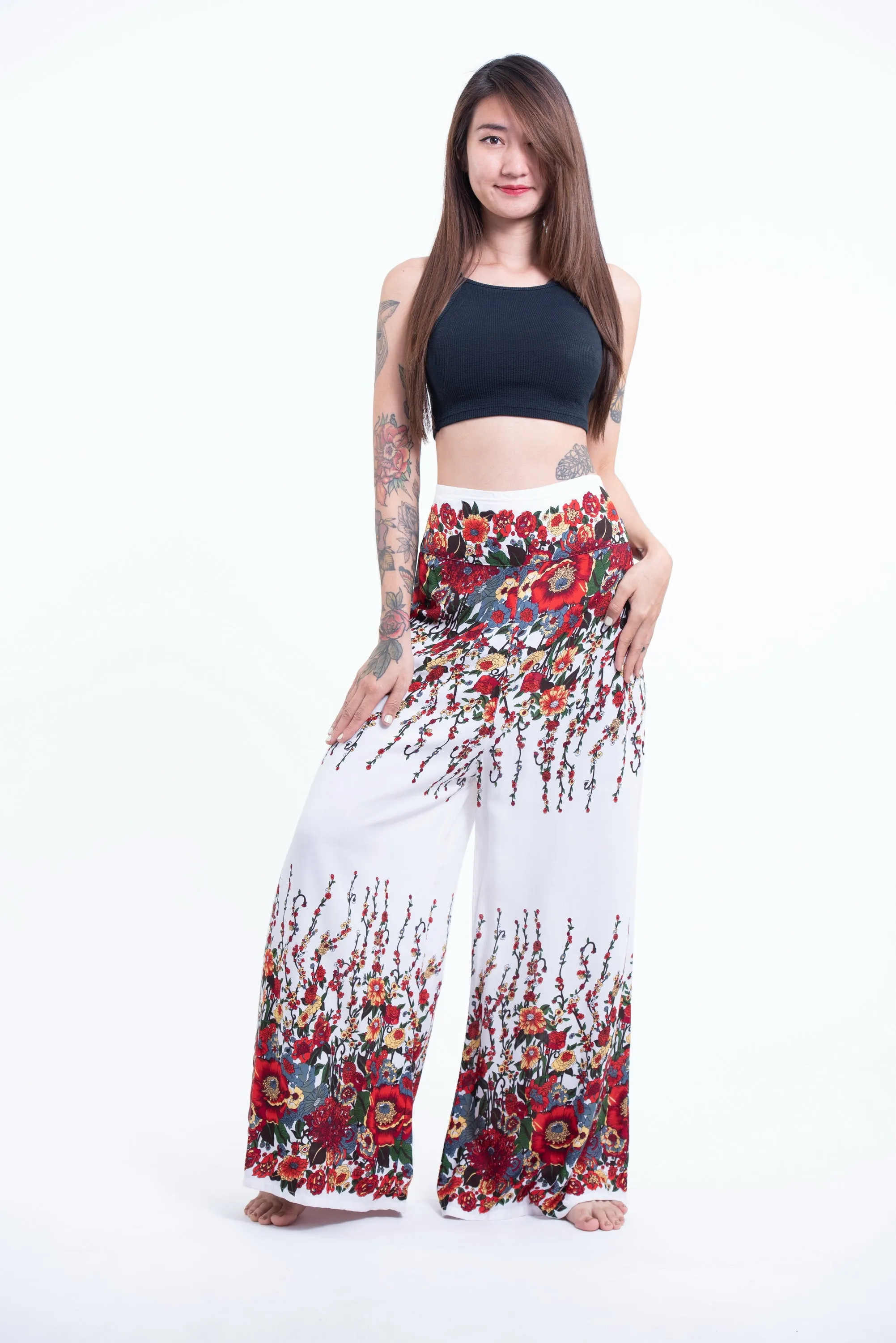 Floral Straight Cut Wide Leg Palazzo with Elastic Back Waistband in White