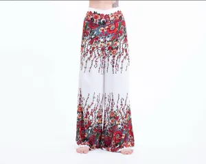 Floral Straight Cut Wide Leg Palazzo with Elastic Back Waistband in White