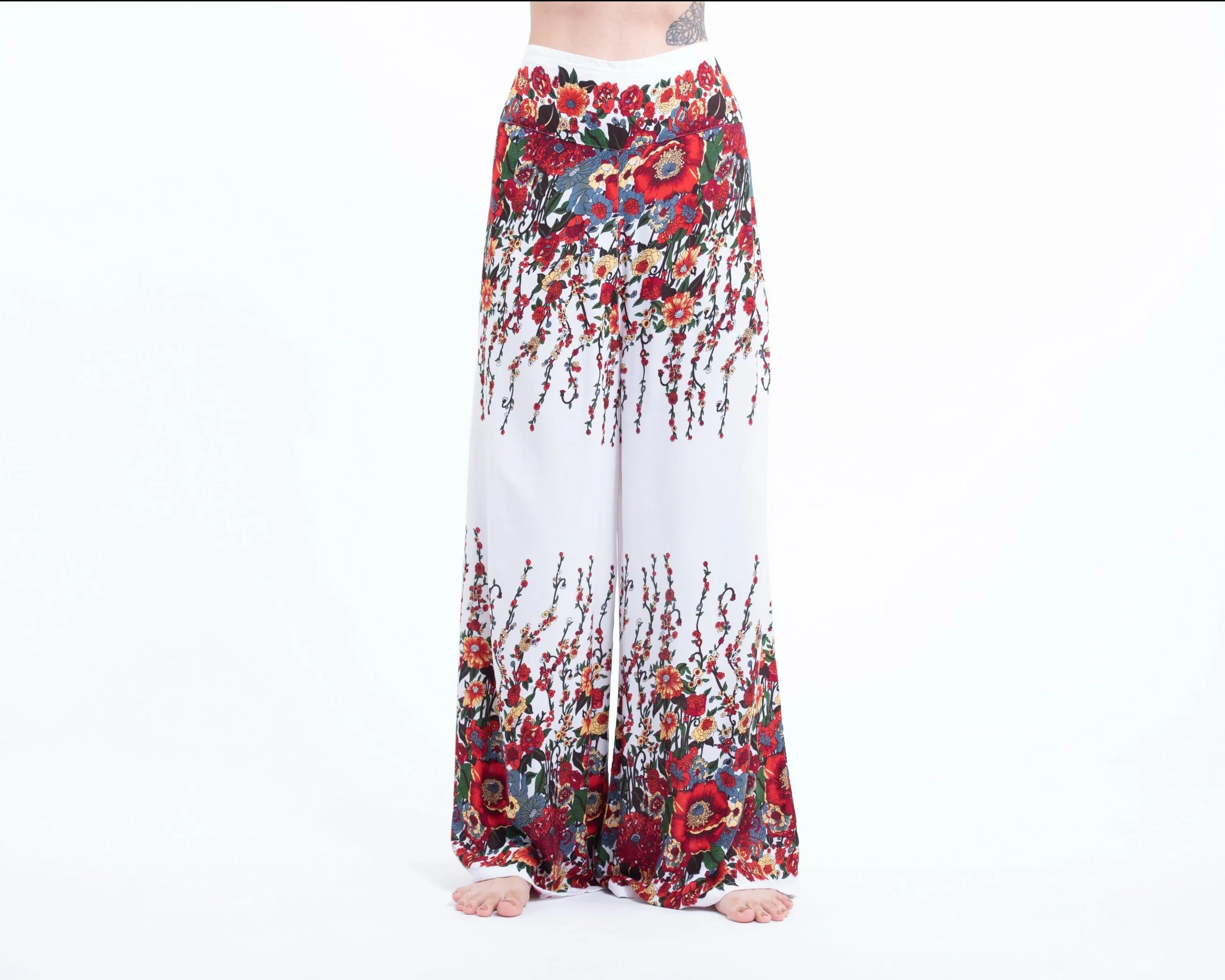 Floral Straight Cut Wide Leg Palazzo with Elastic Back Waistband in White