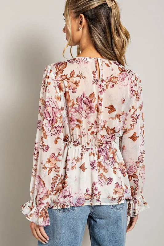 Floral V Neck Blouse Top - Off White
