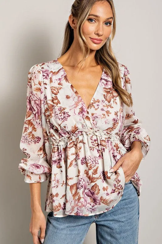 Floral V Neck Blouse Top - Off White