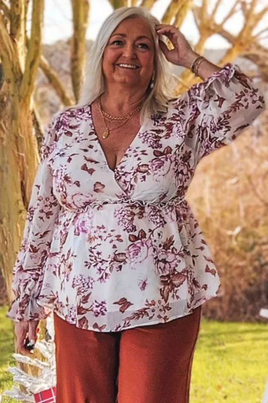 Floral V Neck Blouse Top - Off White