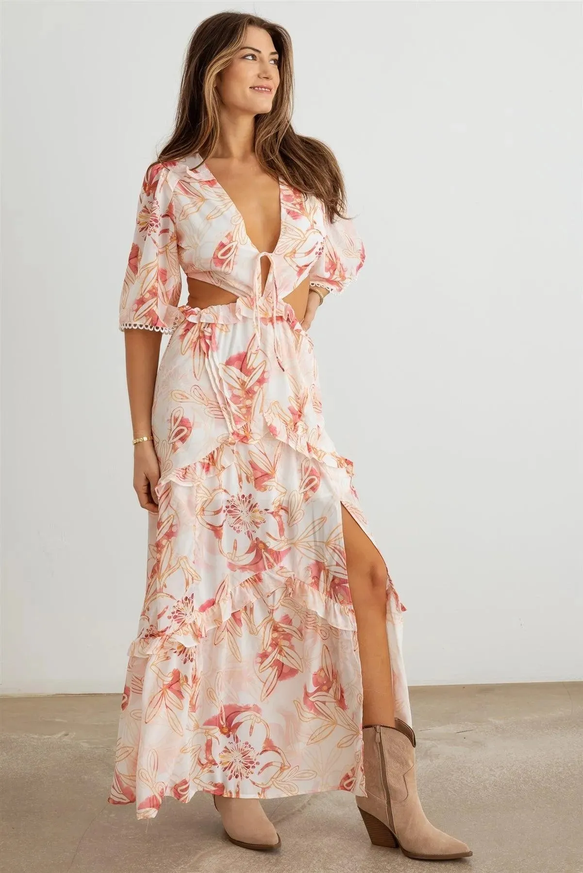 Flower Western Ruffle Cut-Out V-Neck Maxi Dress