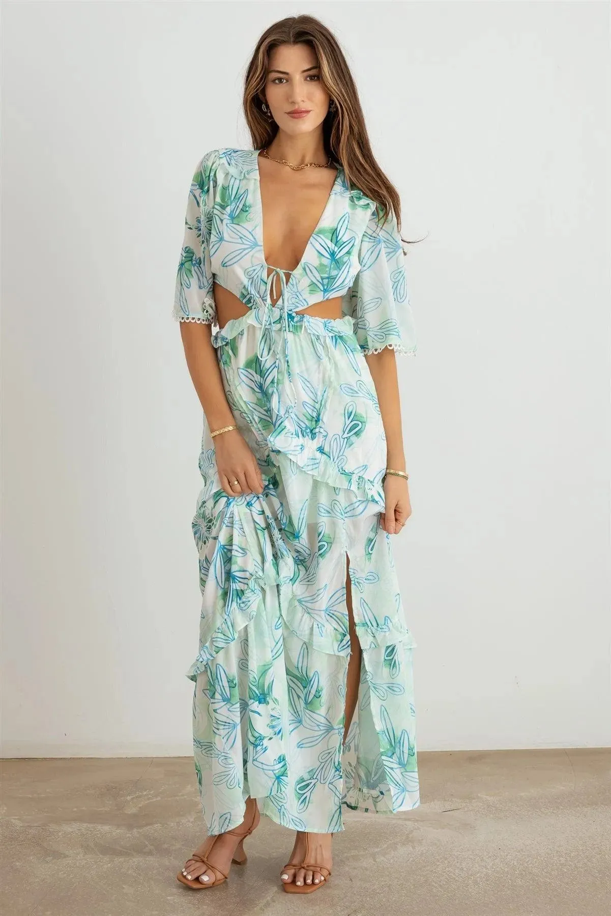 Flower Western Ruffle Cut-Out V-Neck Maxi Dress