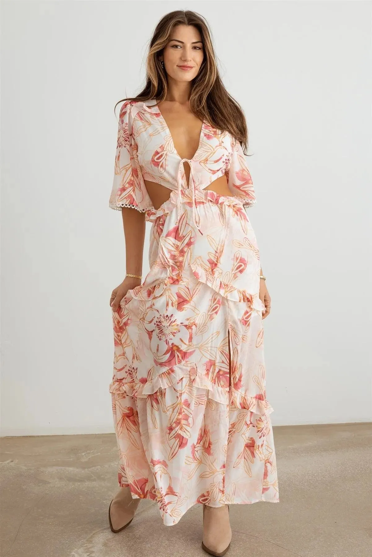 Flower Western Ruffle Cut-Out V-Neck Maxi Dress