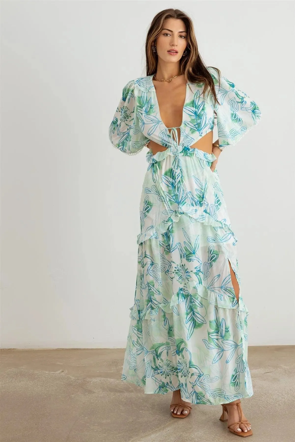 Flower Western Ruffle Cut-Out V-Neck Maxi Dress