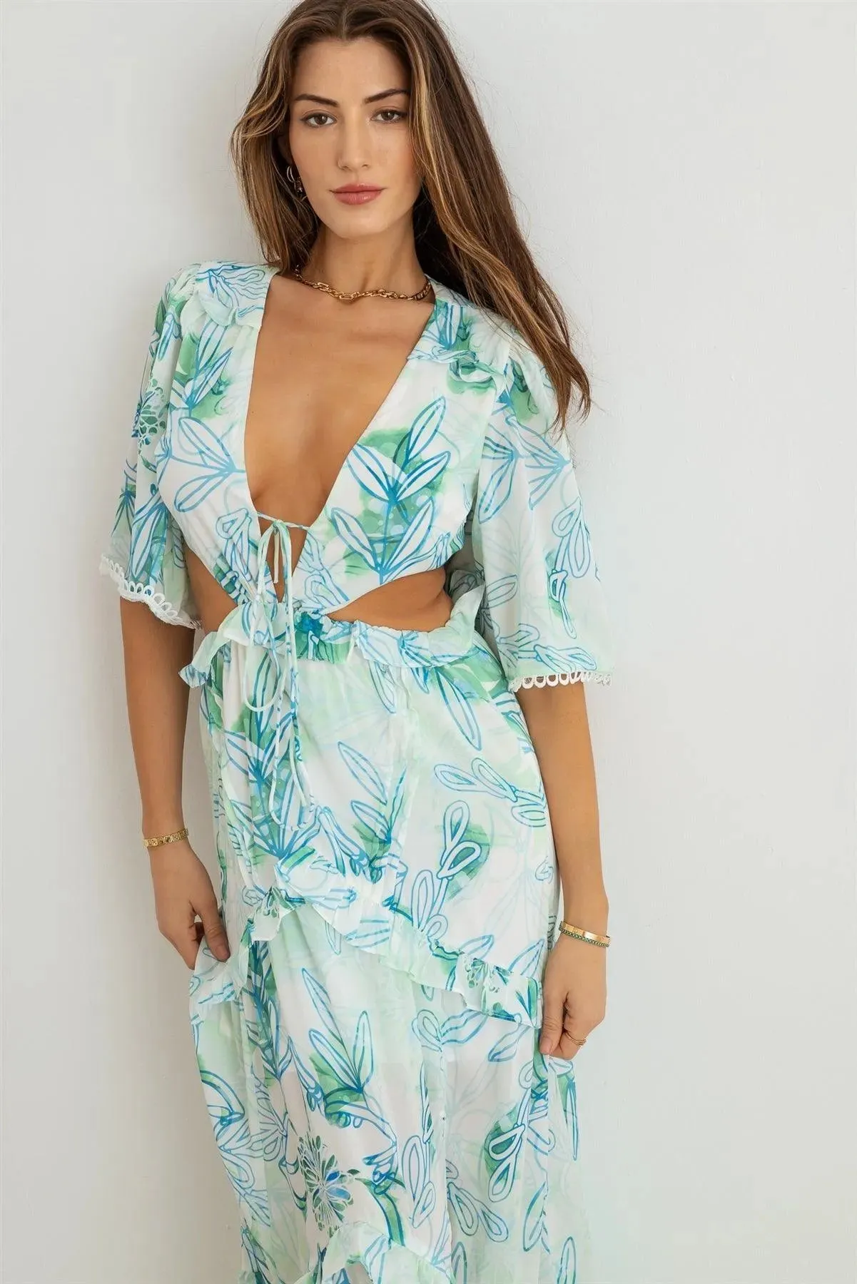 Flower Western Ruffle Cut-Out V-Neck Maxi Dress
