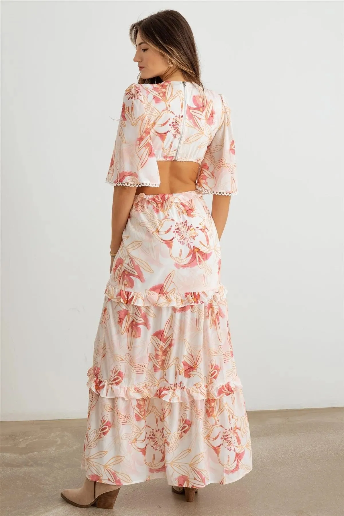 Flower Western Ruffle Cut-Out V-Neck Maxi Dress