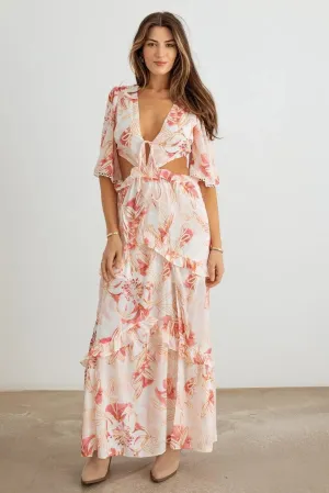 Flower Western Ruffle Cut-Out V-Neck Maxi Dress