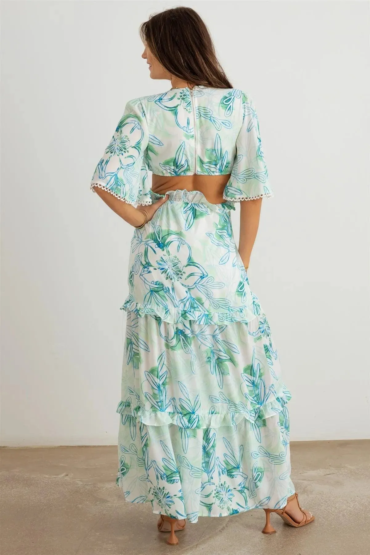 Flower Western Ruffle Cut-Out V-Neck Maxi Dress