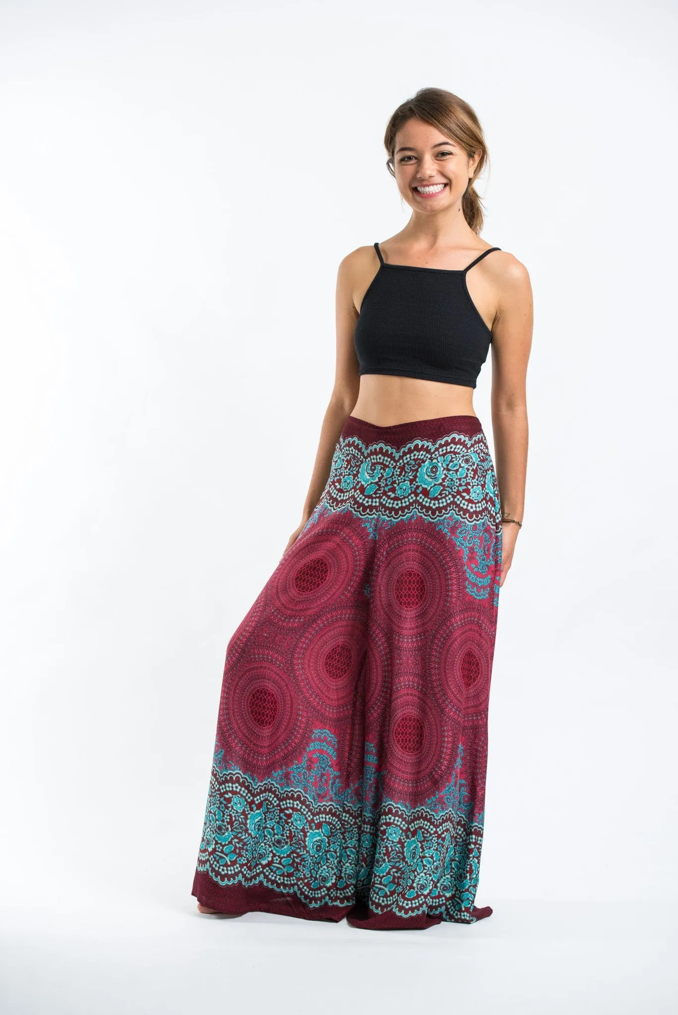 Geometric Mandalas Straight Cut Wide Leg Palazzo with Elastic Back Waistband in Red