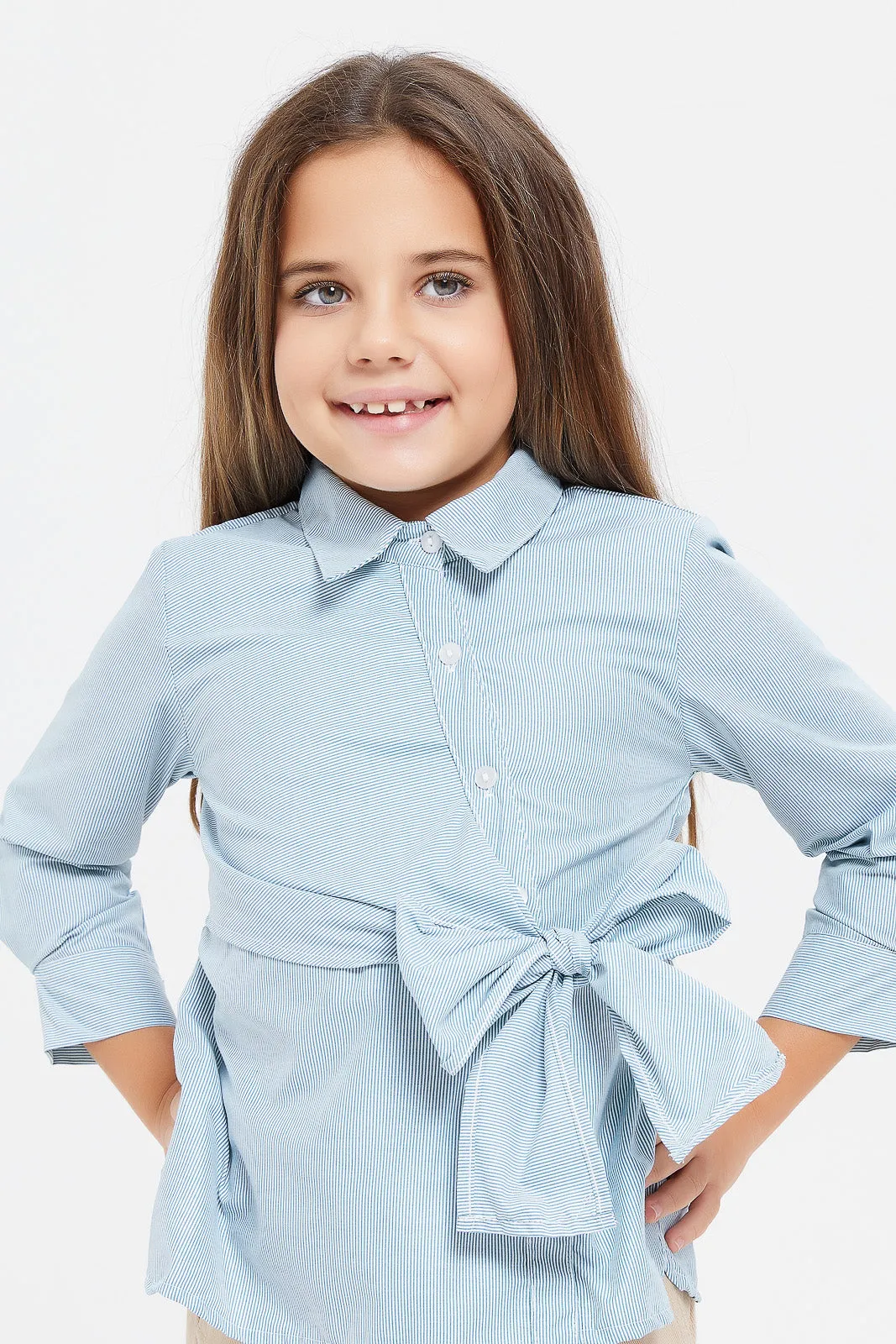 Girls Blue Collar Shirt With Side Tie