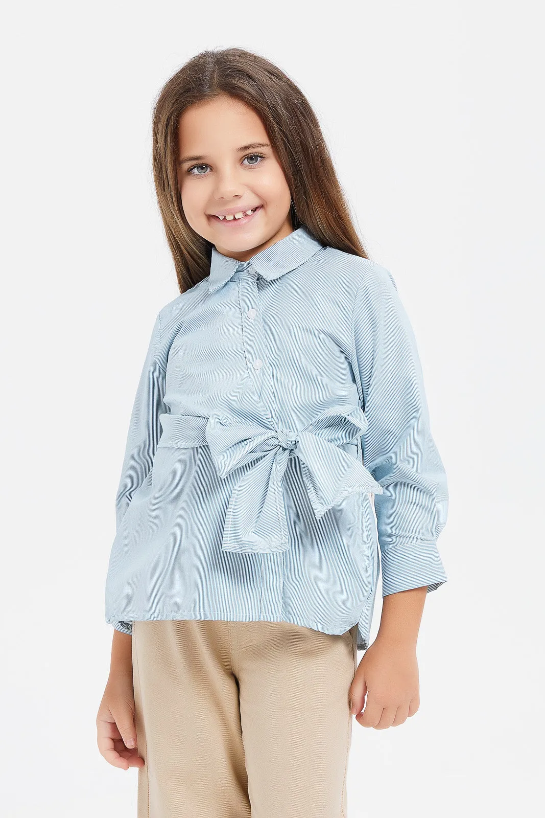 Girls Blue Collar Shirt With Side Tie