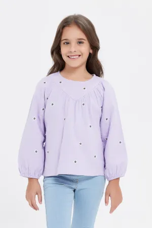 Girls Lilac Embroidered Double Gauze Blouse