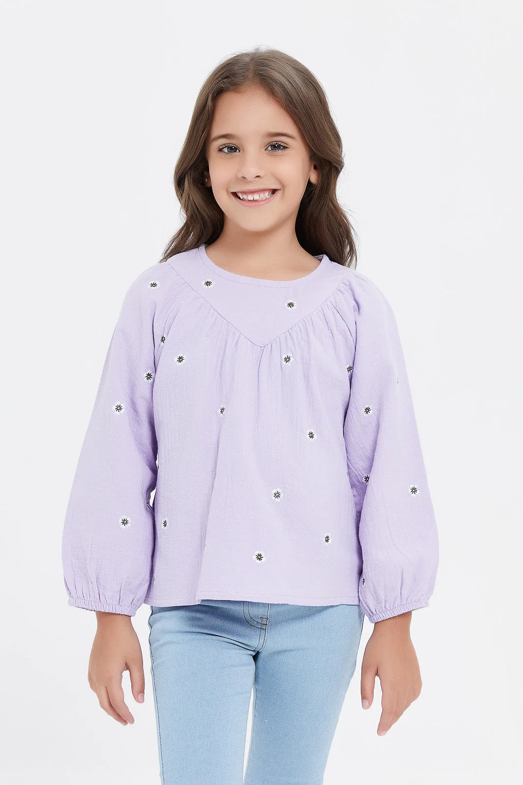 Girls Lilac Embroidered Double Gauze Blouse
