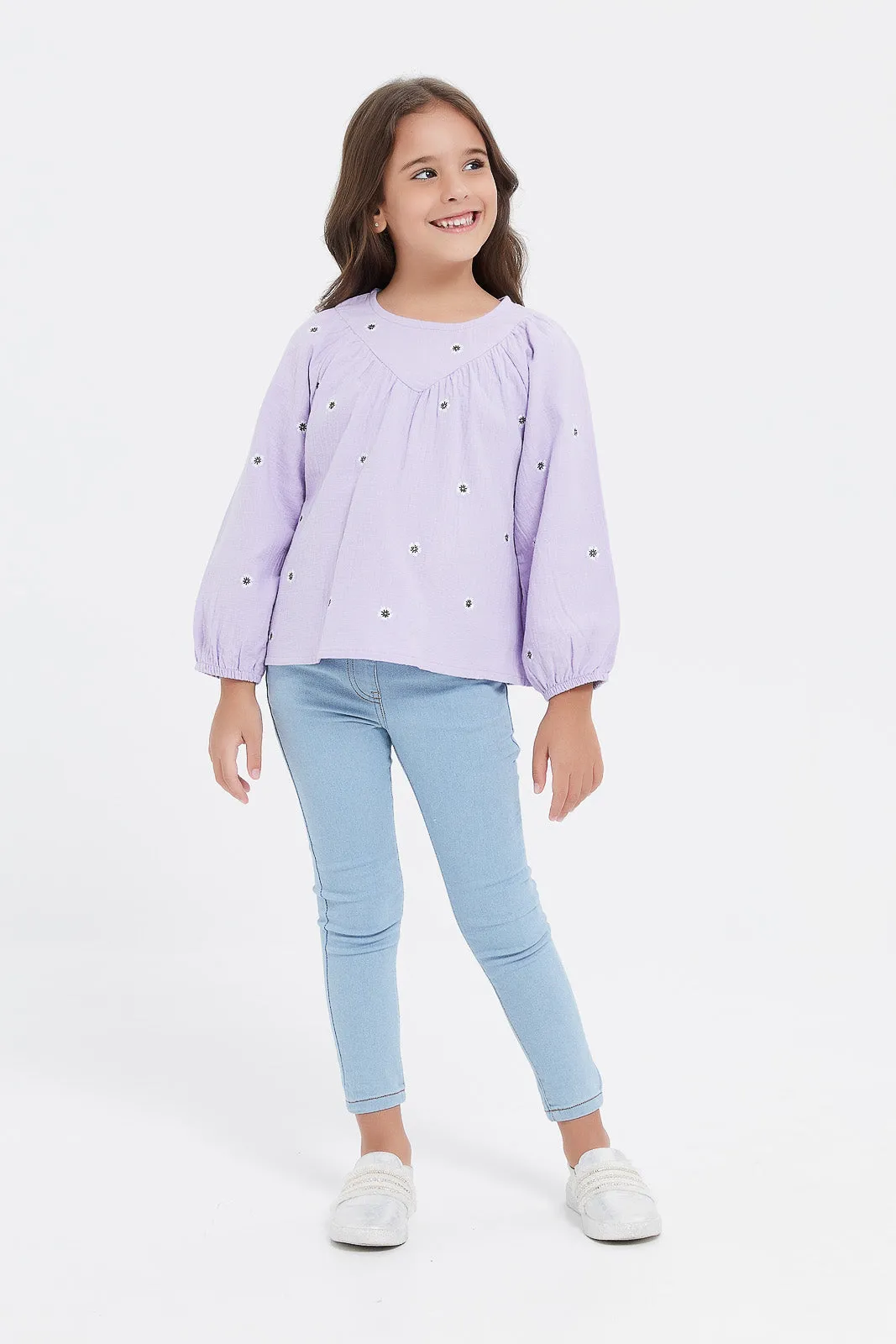 Girls Lilac Embroidered Double Gauze Blouse