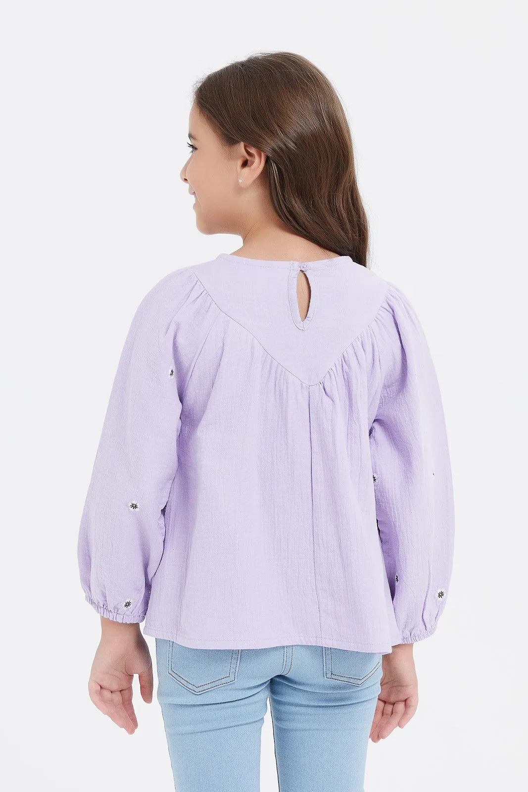 Girls Lilac Embroidered Double Gauze Blouse