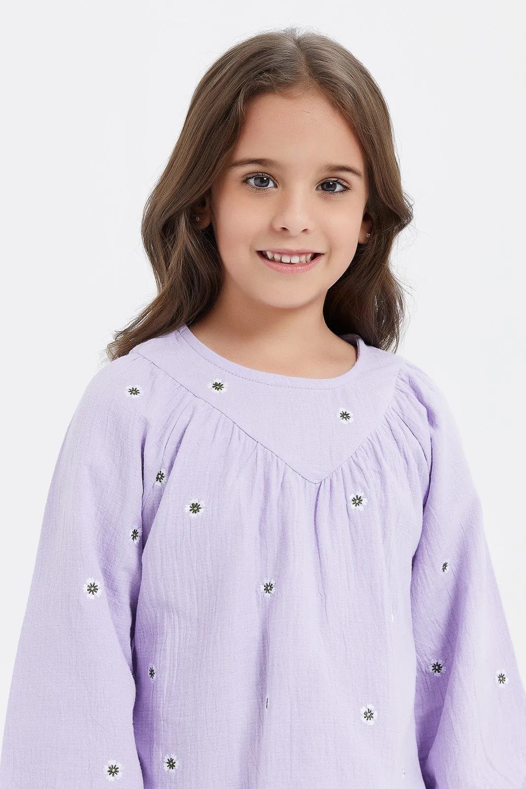 Girls Lilac Embroidered Double Gauze Blouse