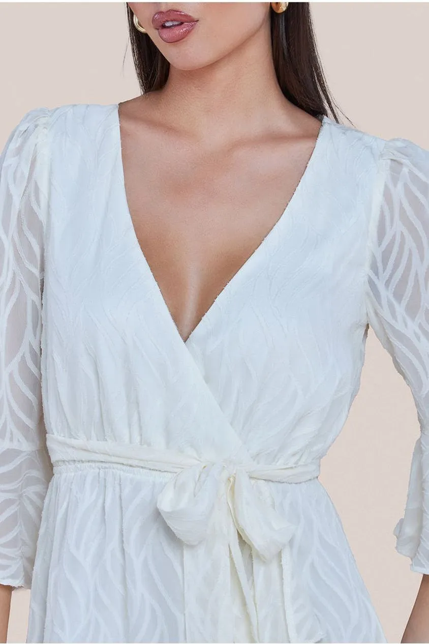 Goddiva Chiffon Geo-Wave Front Frill Wrap Midi Dress - Cream