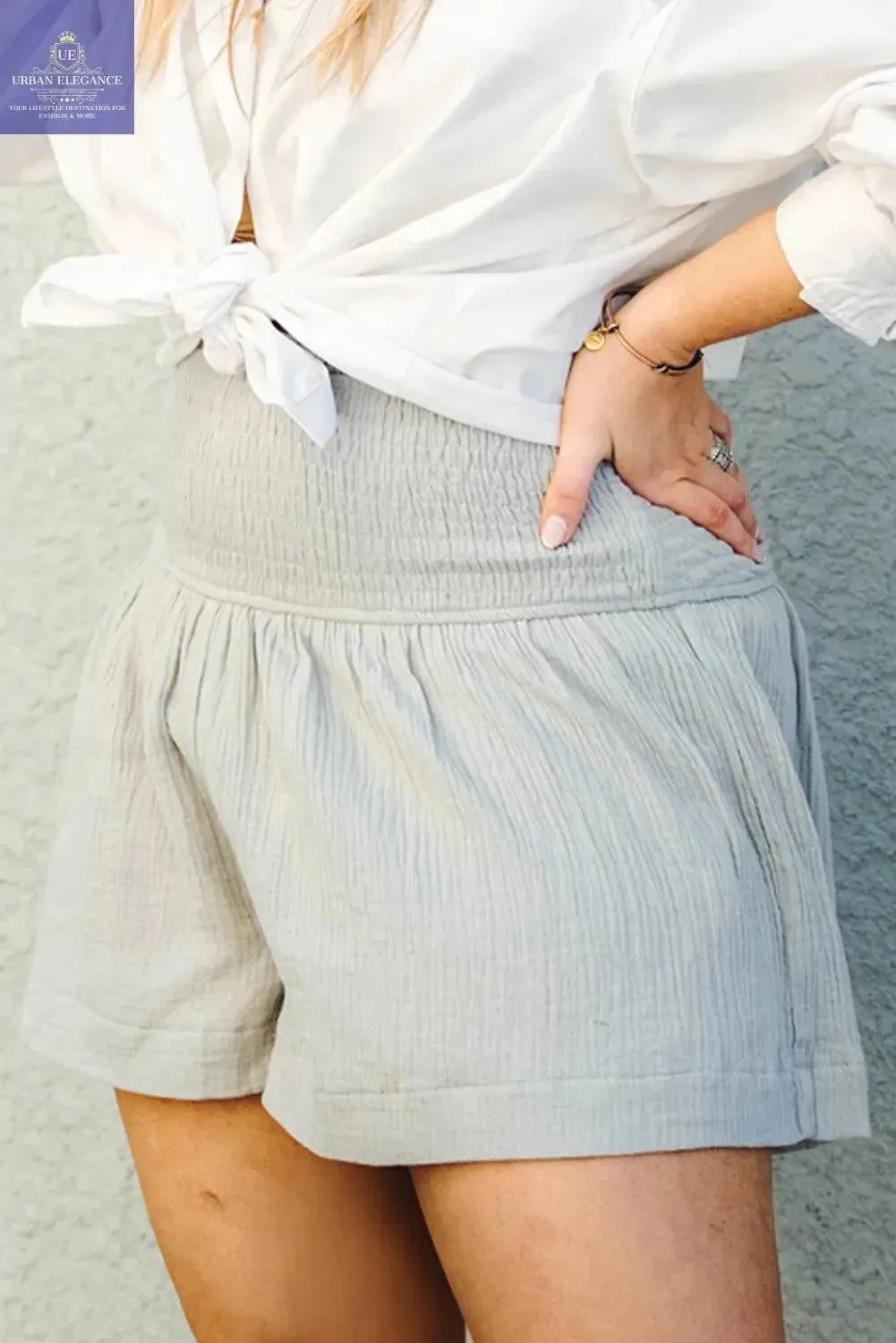 Gray Smocked High Waist Plus Crinkle Shorts