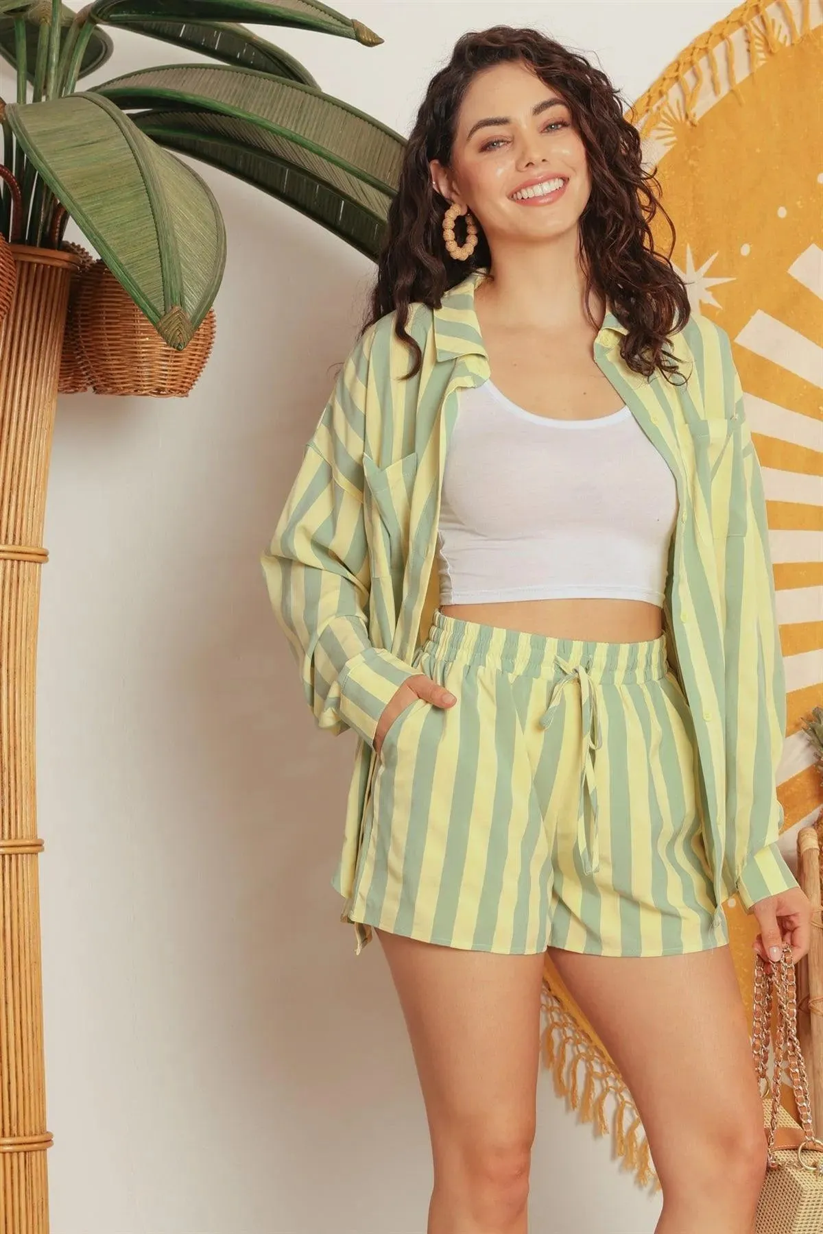 Green & Yellow Striped Button-Up Collared Neck Shirt & High Waist Two Pocket Shorts Set /1-2-2-1
