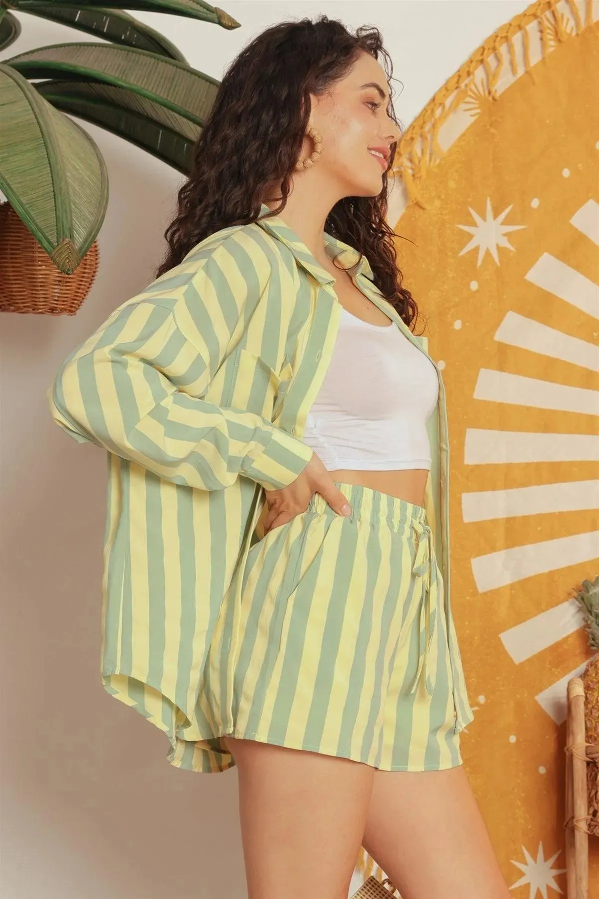 Green & Yellow Striped Button-Up Collared Neck Shirt & High Waist Two Pocket Shorts Set /1-2-2-1