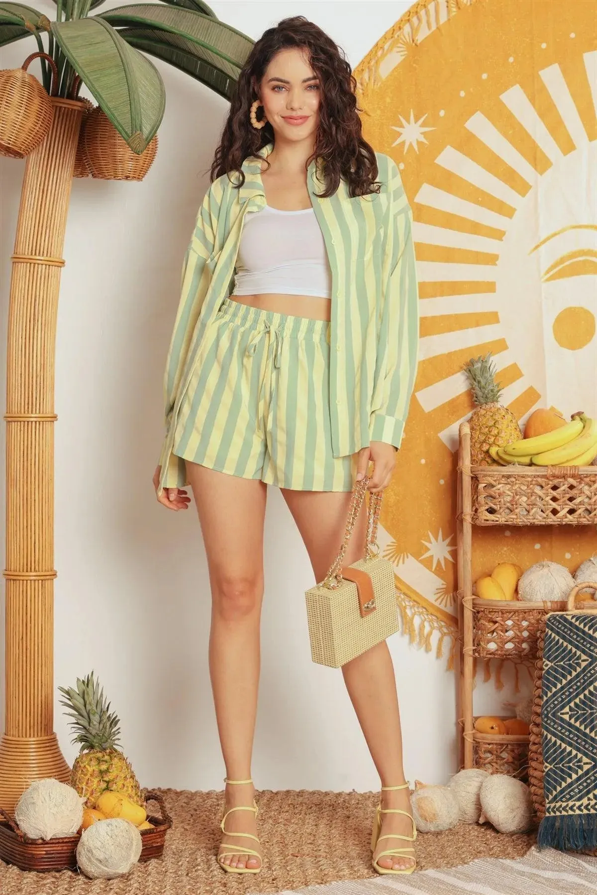 Green & Yellow Striped Button-Up Collared Neck Shirt & High Waist Two Pocket Shorts Set /1-2-2-1