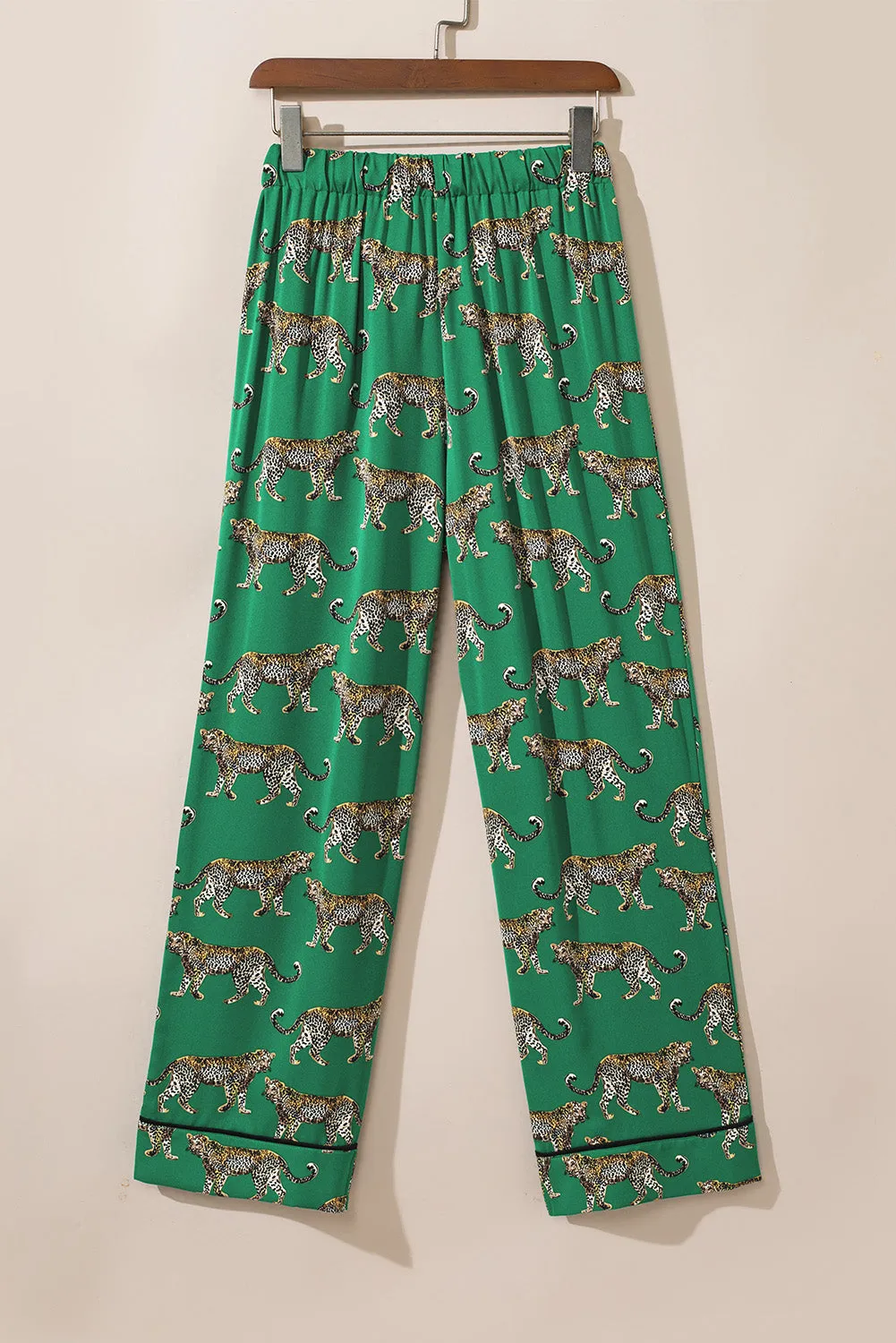 Green Cheetah Print Short Sleeve Shirt and Pants Pajama Set