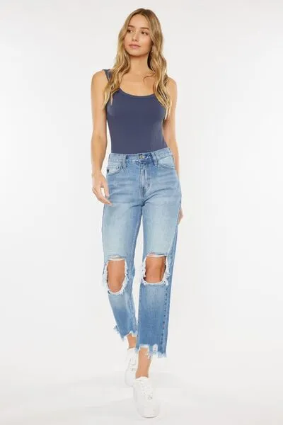 Hazel Blues® |  Kancan High Waist Chewed Up Straight Mom Jeans