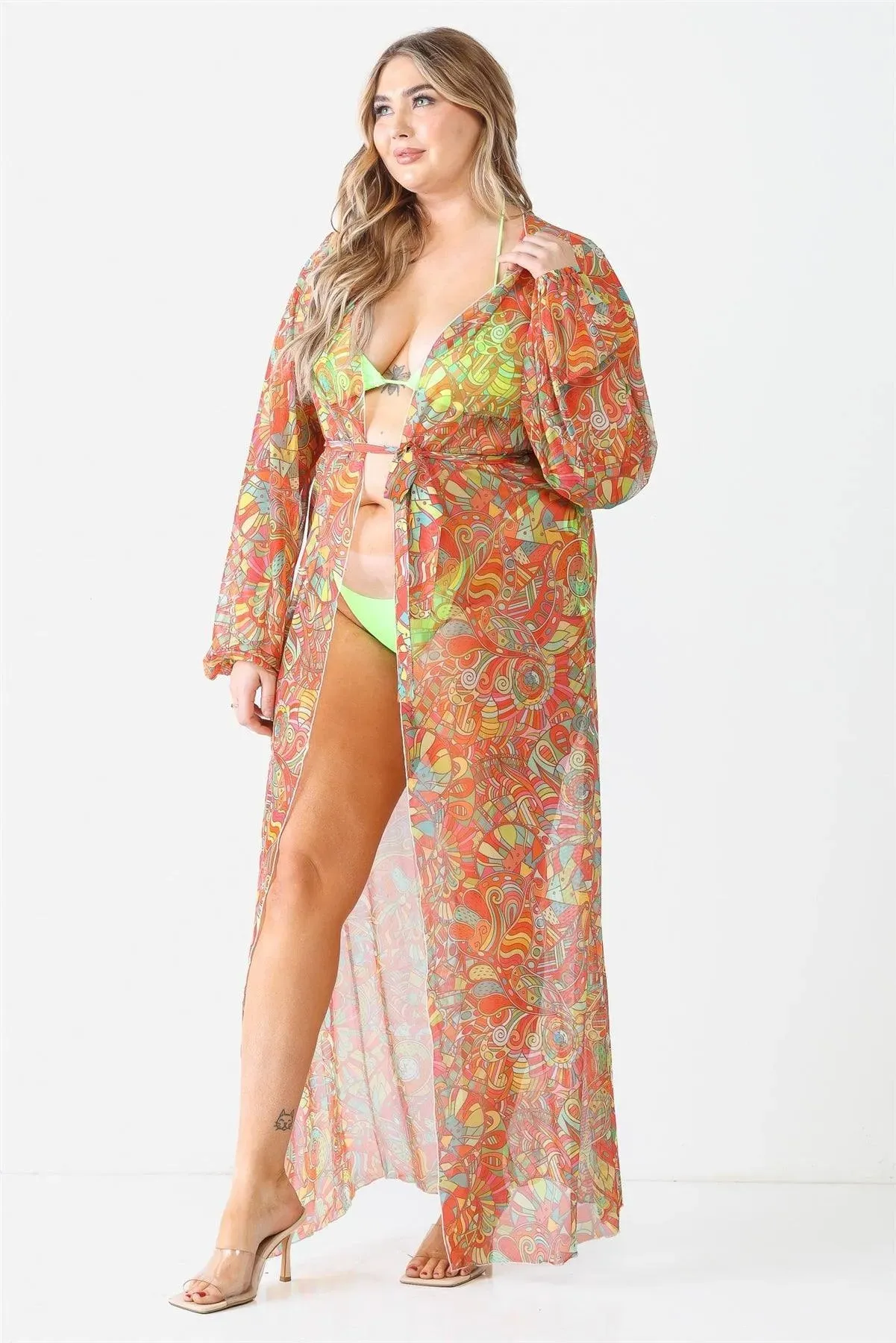 Junior Plus Multicolor Paisley Open Front Long Sleeve Kimono / Cover Up
