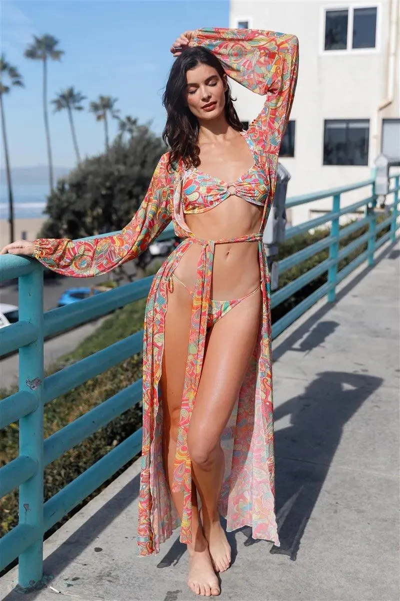 Junior Plus Multicolor Paisley Open Front Long Sleeve Kimono / Cover Up