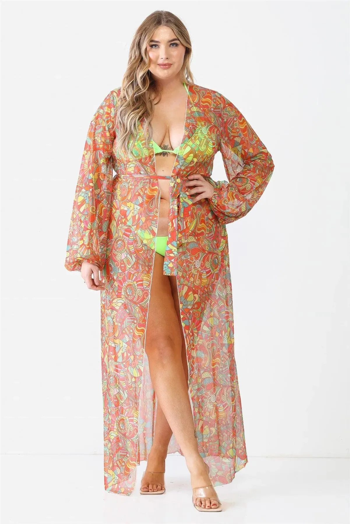 Junior Plus Multicolor Paisley Open Front Long Sleeve Kimono / Cover Up