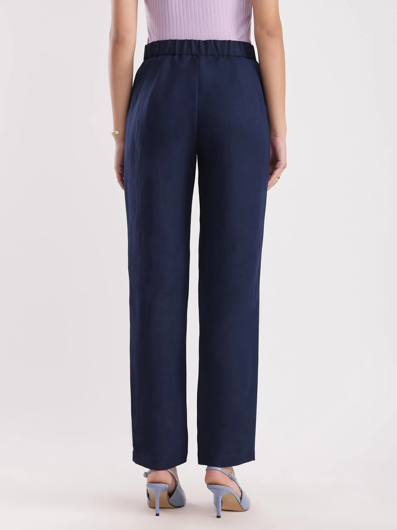 Linen Elasticated Straight Trouser - Navy Blue