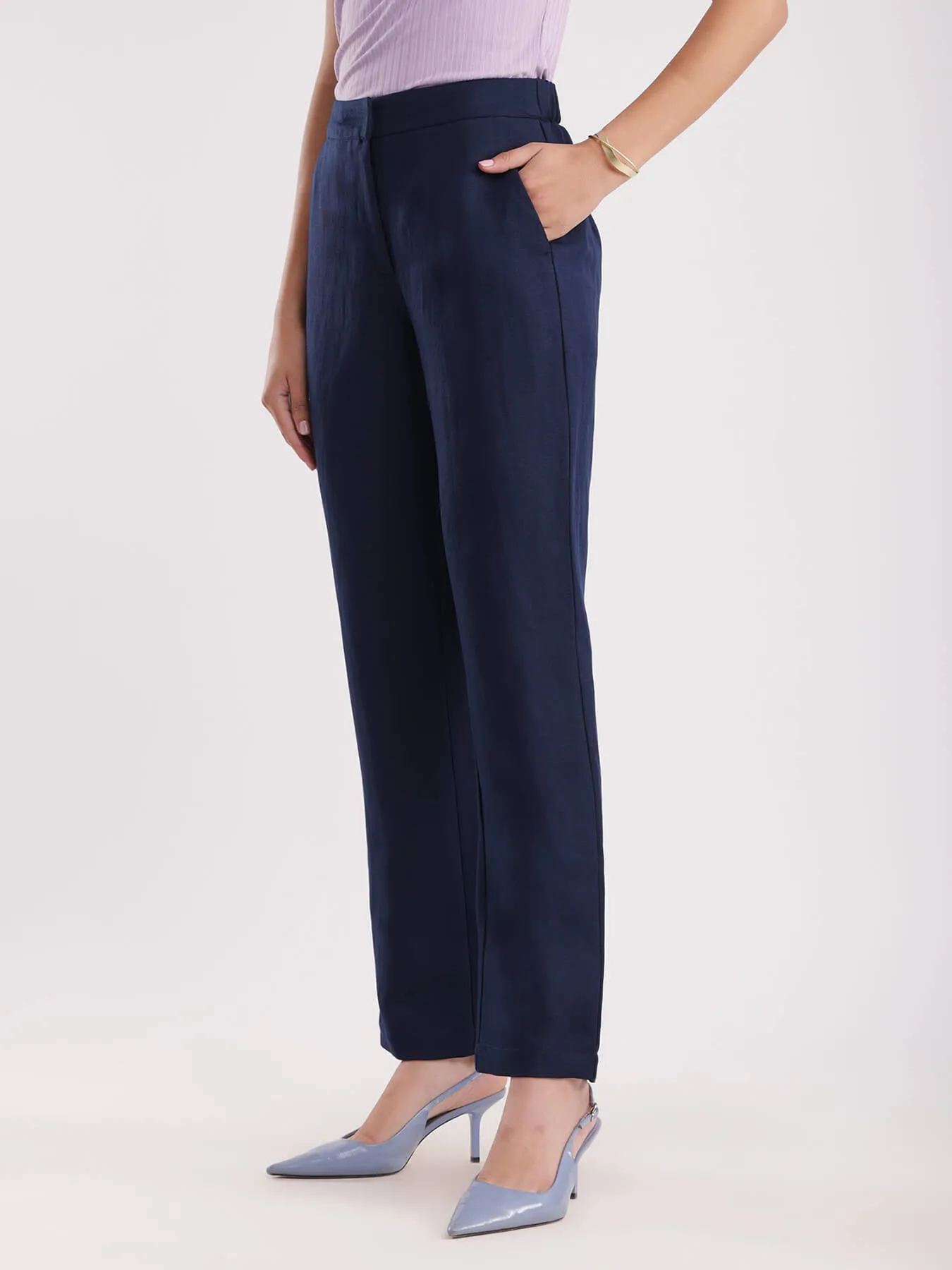 Linen Elasticated Straight Trouser - Navy Blue
